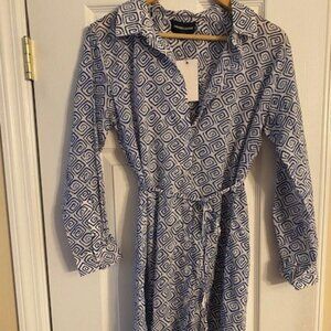 French Curve Women's NWT Cotton White Blue Geometric Shirtdress Size Medium